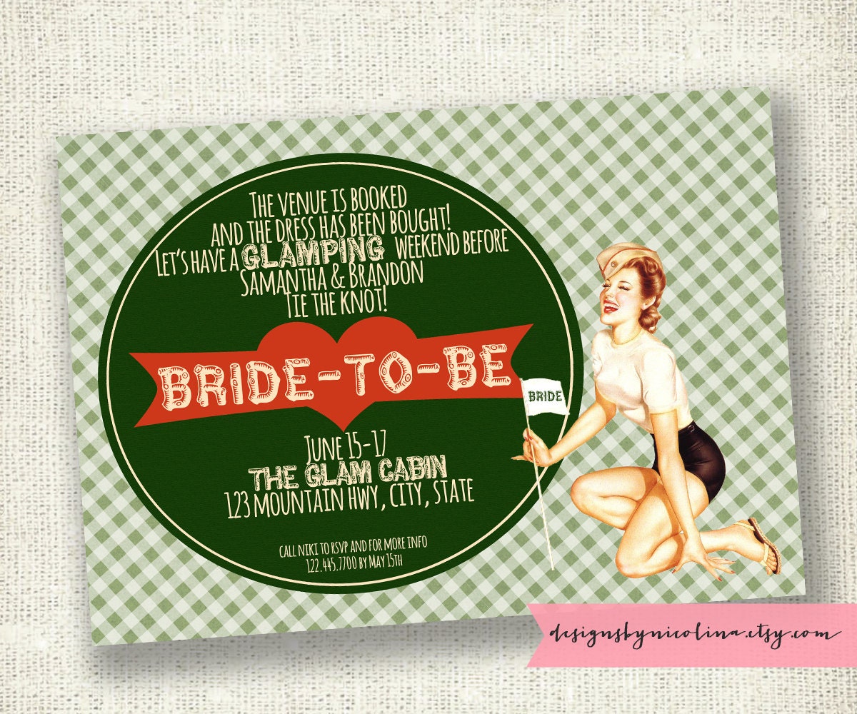 Glamping - Girl Scout - Camping Bachelorette Weekend - Vintage Pin Up Lingerie Shower PRINTABLE Invitation