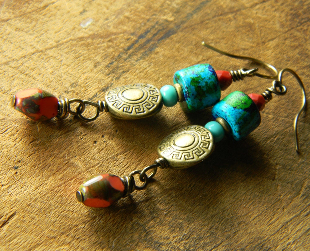 Turquoise Ceramic Earrings Brass Greek Key Orange One of a Kind