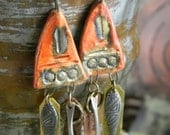 Primitive Orange Earrings Ceramic Mixed Metal Asymmetrical One of a Kind