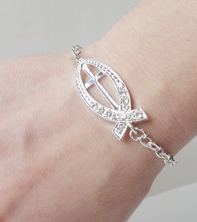 Silver Clear Crystal Christian Fish Shape Cross Sideways Connector Bracelet, Religiouis Jewelry