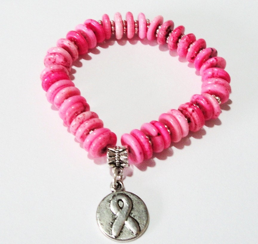Ribbon Breast Cancer Awareness Pink Silver Charm Elastic Bracelet, Pink Turquoise Stone Stamped Hope Charm