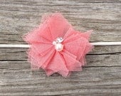 Coral Shabby Chic Tulle Flower Headband - Baby Headband - Newborn Headband - Girls Hair Accessories.. Free Shipping Promo