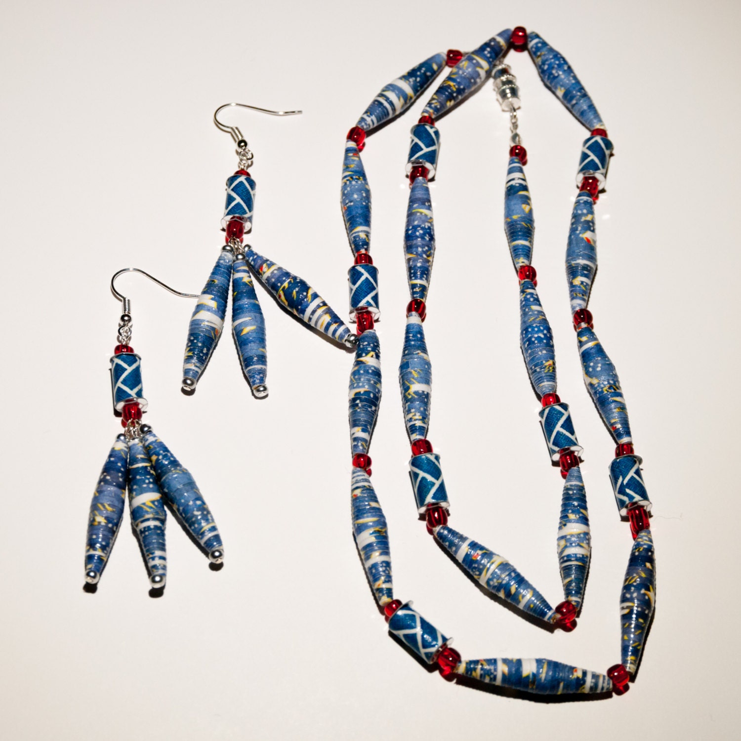 Eco Friendly Blue and Red Necklace and Earrings Set from Paper Beads