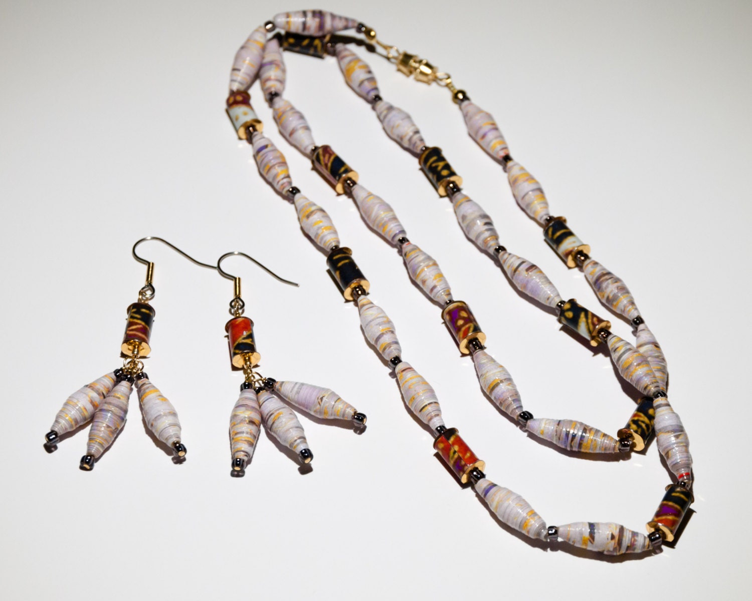 Eco Friendly Multi Color Necklace and Earrings Set from Paper Beads