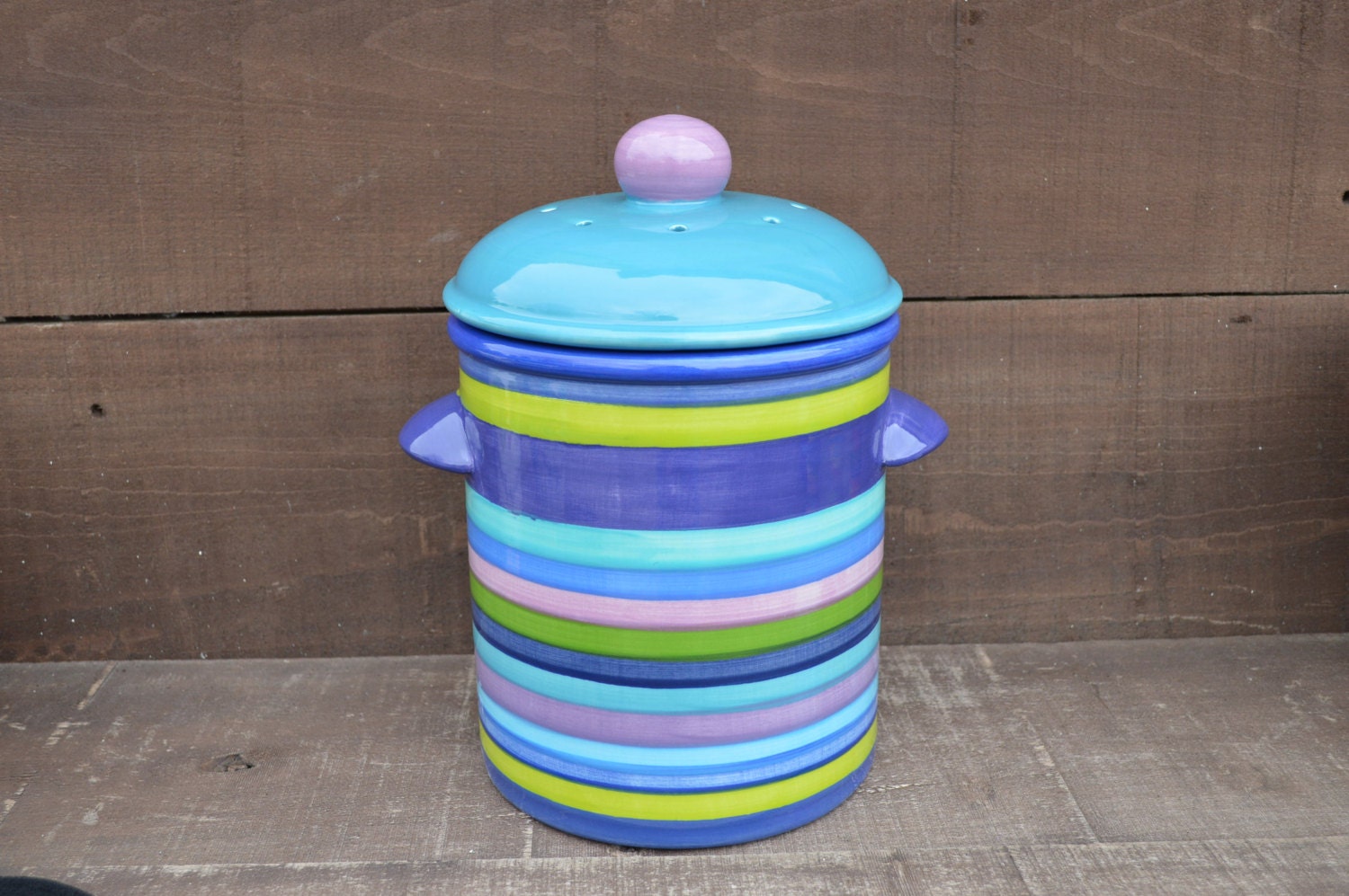 Rainbow Stripes Ceramic Compost Canister with Charcoal Filters - Dark Teal Lid with Sapphire Blue Interior