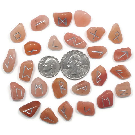 Mini Peach Quartz Rune Set Hand Carved Elder Futhark With Manual & Pouch