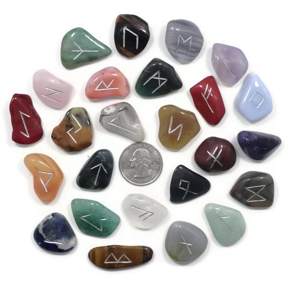 Reg Mixed Stones Rune Set Hand Carved Elder Futhark with Manual & Pouch