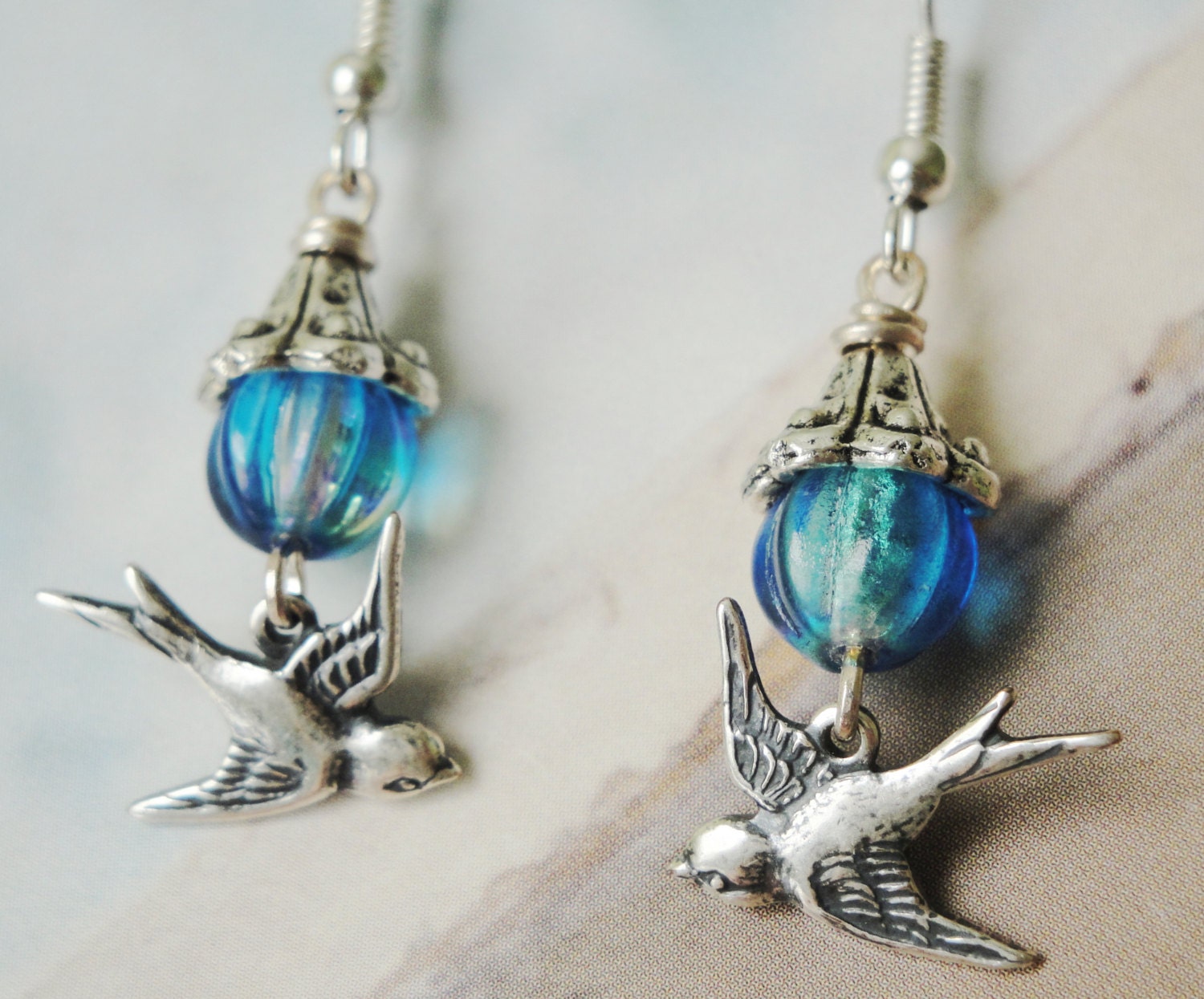 Sweet Silver Bird Charm Blue Bead Earrings Gift For Her Maternity Gift