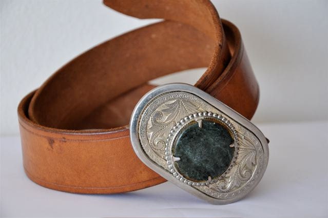 Vintage Leather Belt with Polished Brass and Stone Buckle 38-42 Waist