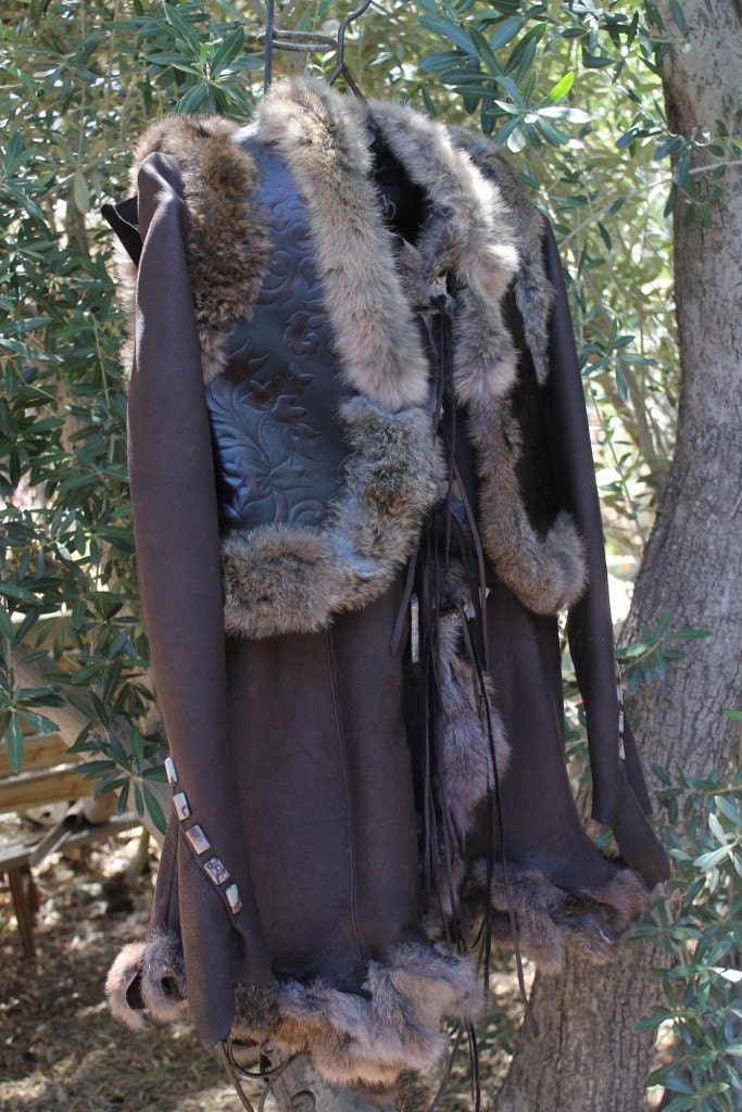 showdiva Dramatic Asymmetrical RAW Leather Coat with Tooled Vest Trimmed in Rabbit