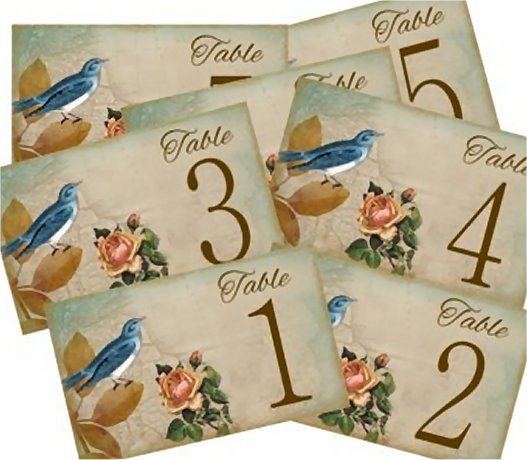 Wedding Table Number Cards Vintage Style, Bluebird and Roses 1 -20 Numbered Cards