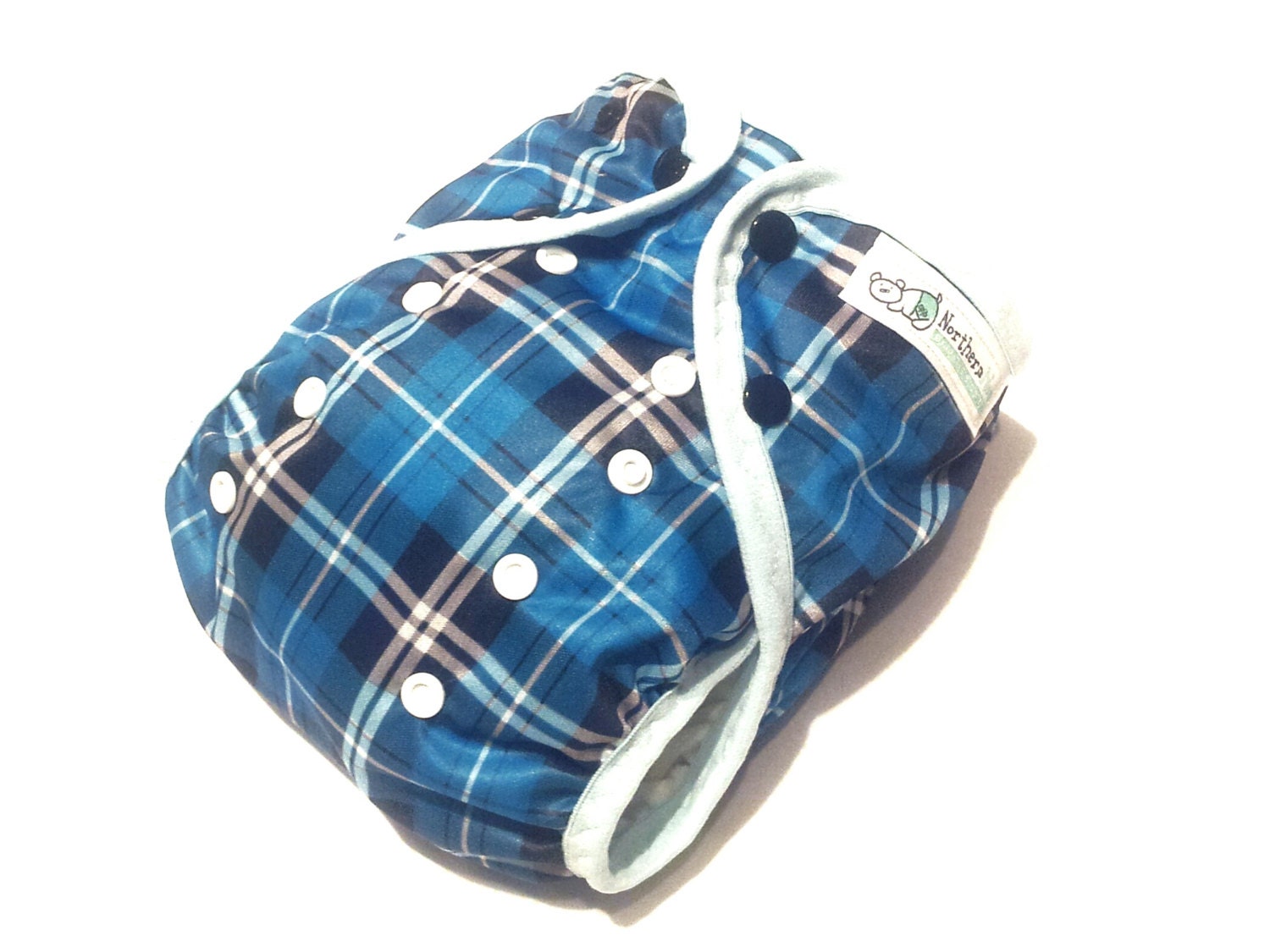 One Size Aqua Plaid PUL Printed Pocket Diaper with Organic Bamboo Velour Inner