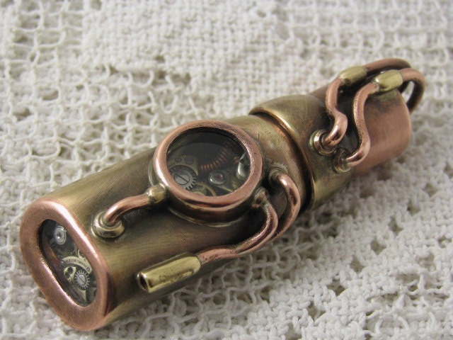 Steampunk USB flash drive with glowing glass windows. 32 GIG. Copper, brass, watch parts and glass. Waterproof.