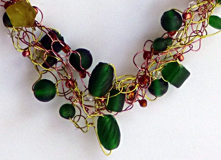 Mistress of Oz Emerald Green Unique Artisan Crocheted Wire Necklace Bronze Copper and Amber Beads Statement Jewelry