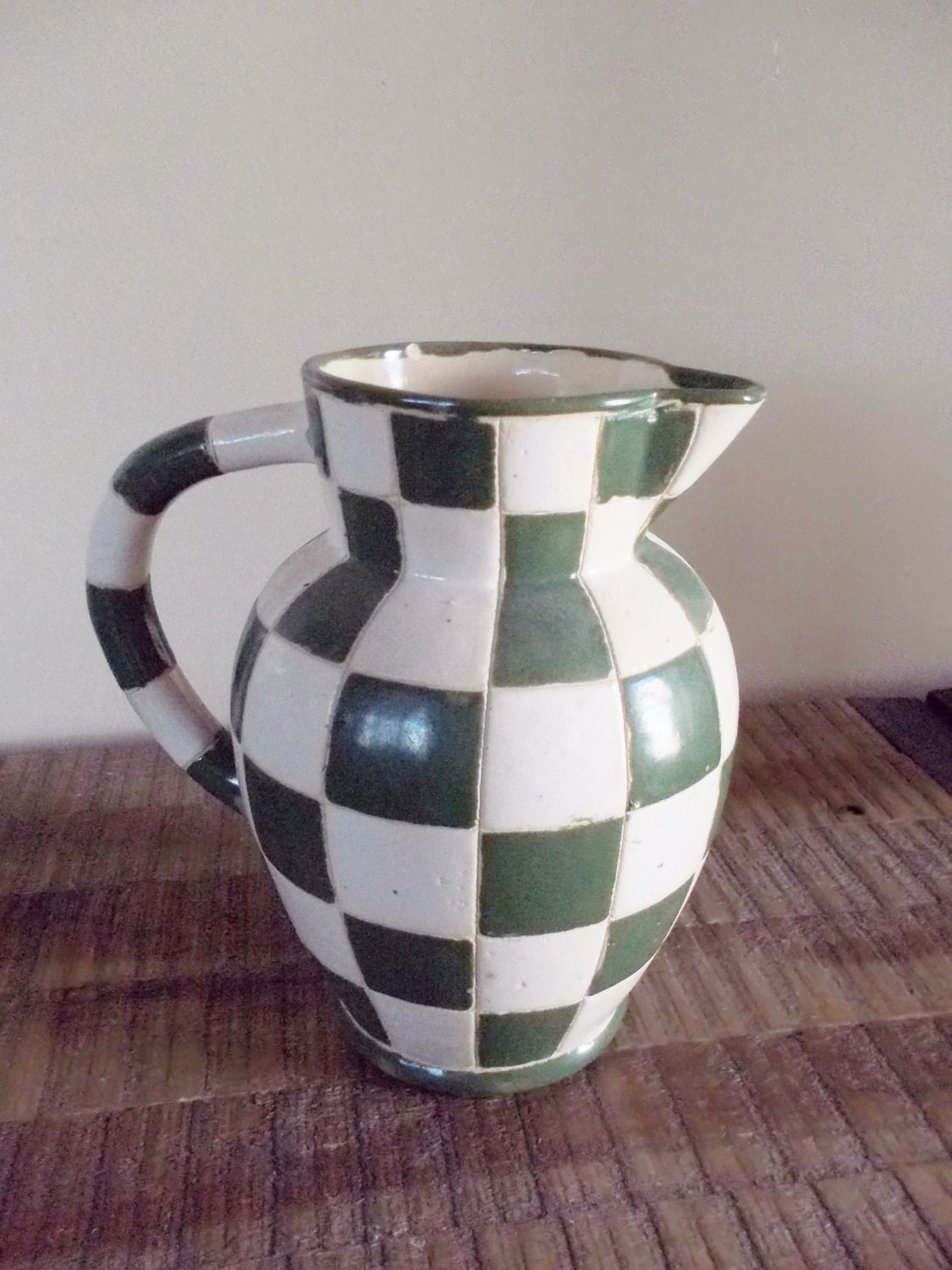 Vintage Green and White Checkered Pottery Pitcher