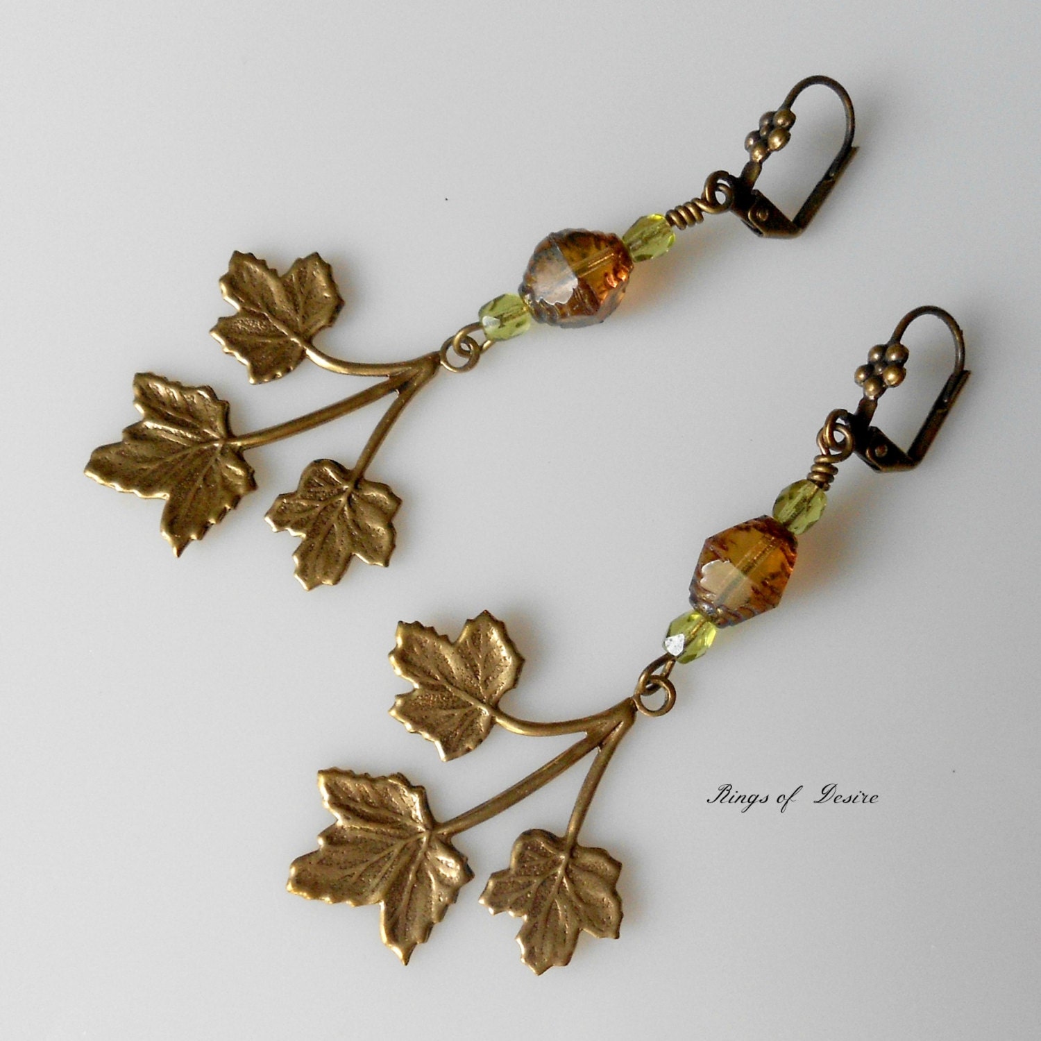 Earrings Bronze Maple Leaves with Amber Czech Glass and Peridot Green Swarovski Crystals