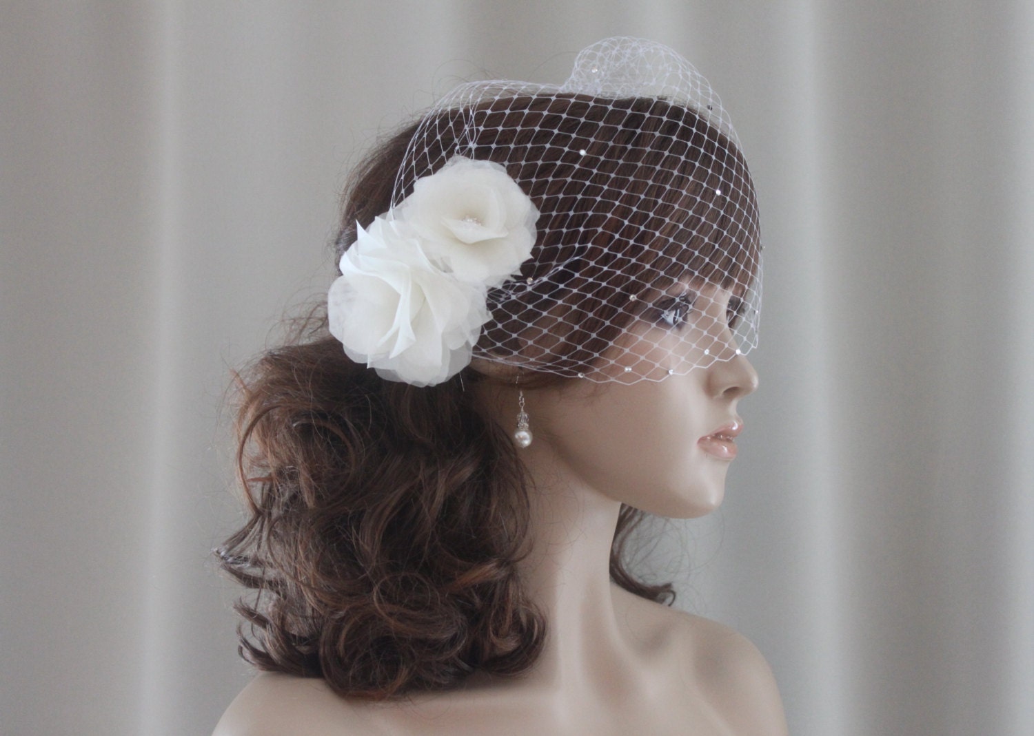 Swarovski Birdcage Veil with Fascinator-Birdcage Veil-Bridal Veil-Bandeau Birdcage Veil & Flower Set-no.vs01