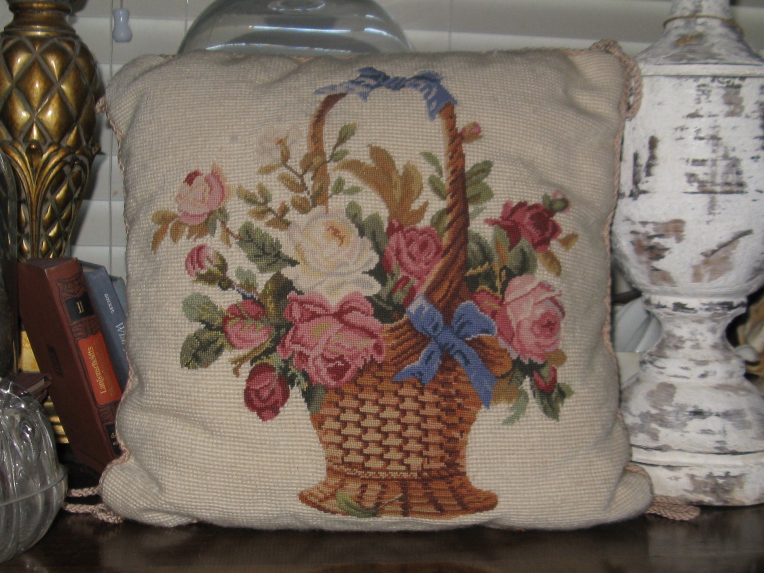 Beautiful Vintage Tapestry Petipoint Pillow Perfectly Lovely....Basket With Roses...