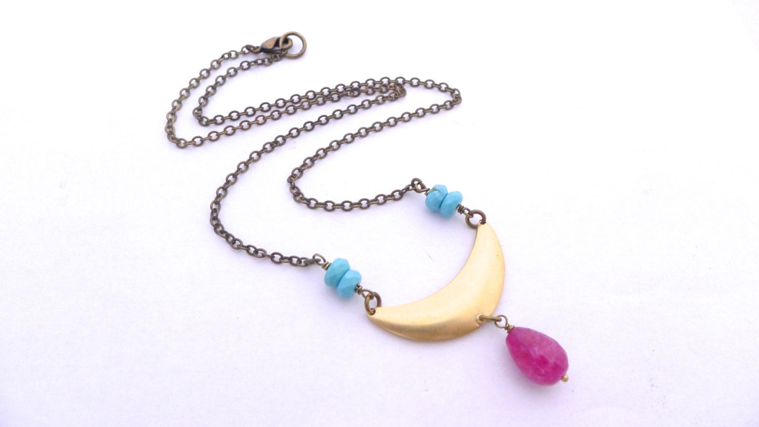 Jasmine Necklace, Tribal Crescent with Turquoise and Fuchsia Candy Jade, Wire Wrapped Stone Necklace, Handmade Jewelry