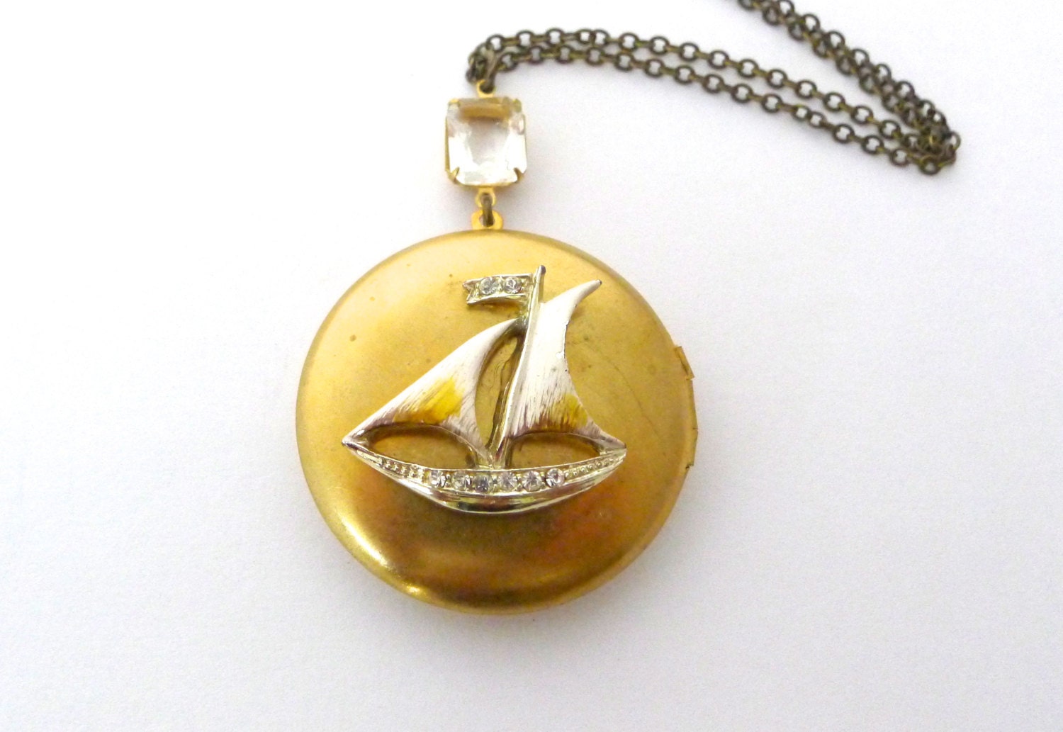 Large Rhinestone Sailboat Locket Necklace, OOAK, Clear Glass Gem. Long Chain, Yellow and White Sail, Handmade Jewelry