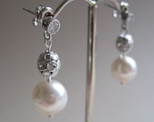 Vintage Inspired Pearl Earrings -  Double Drop - Silver with Crystal Bead Accents