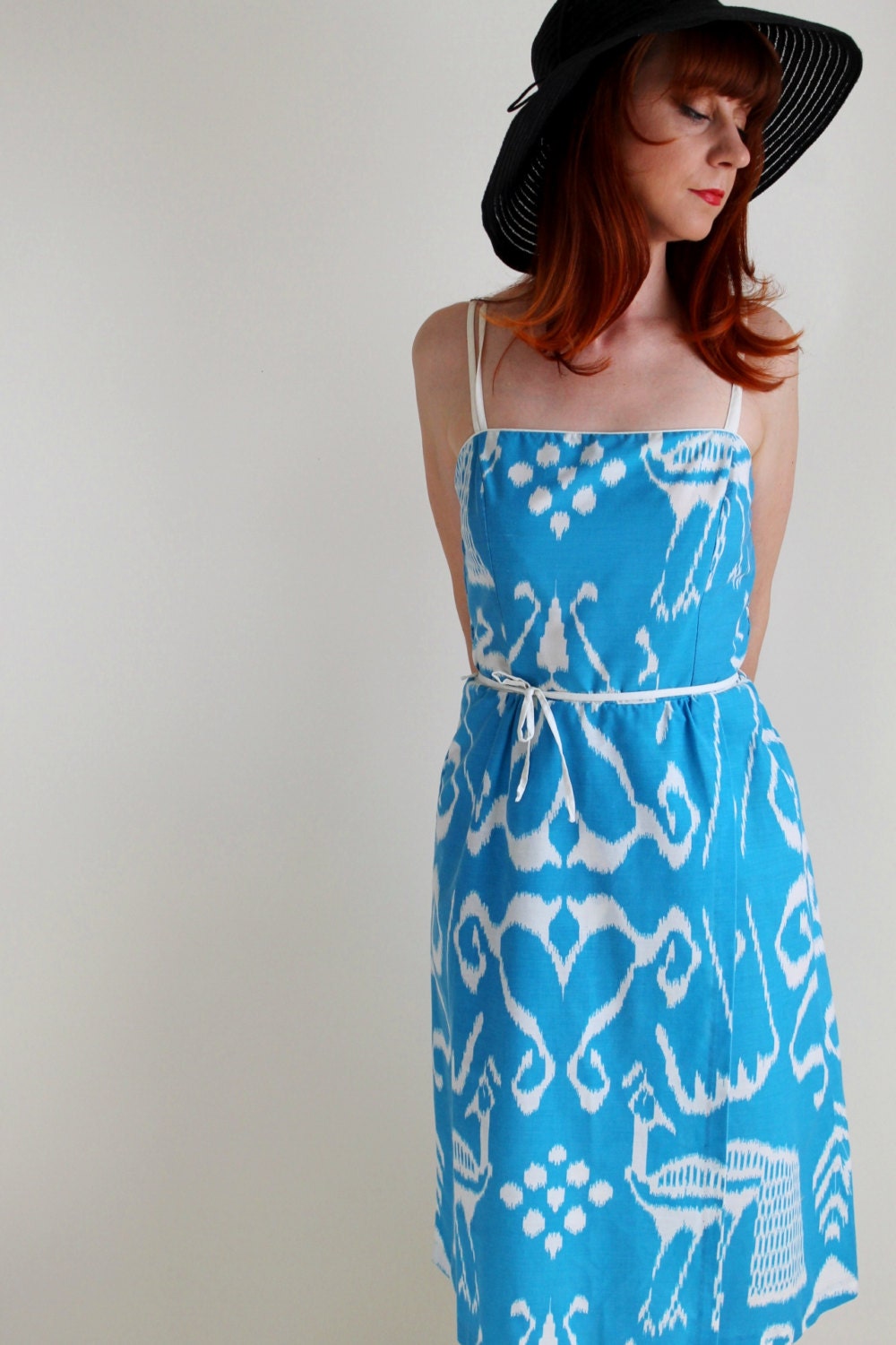Pastal Blue Tribal Ethnic Ikat Print Sundress. Day Dress. Tiki Party Dress. Summer Cotton Dress. Picnic Dress. Weddings. Size Medium