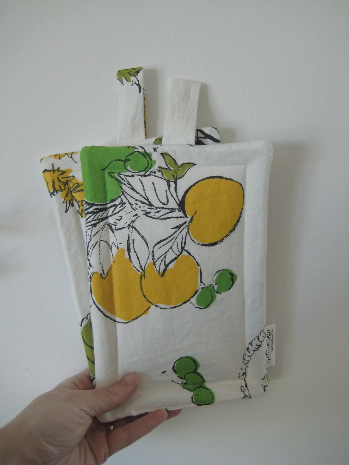 Pot Holder Set Vintage Retro Fabric White Green Yellow Large Ready to Ship