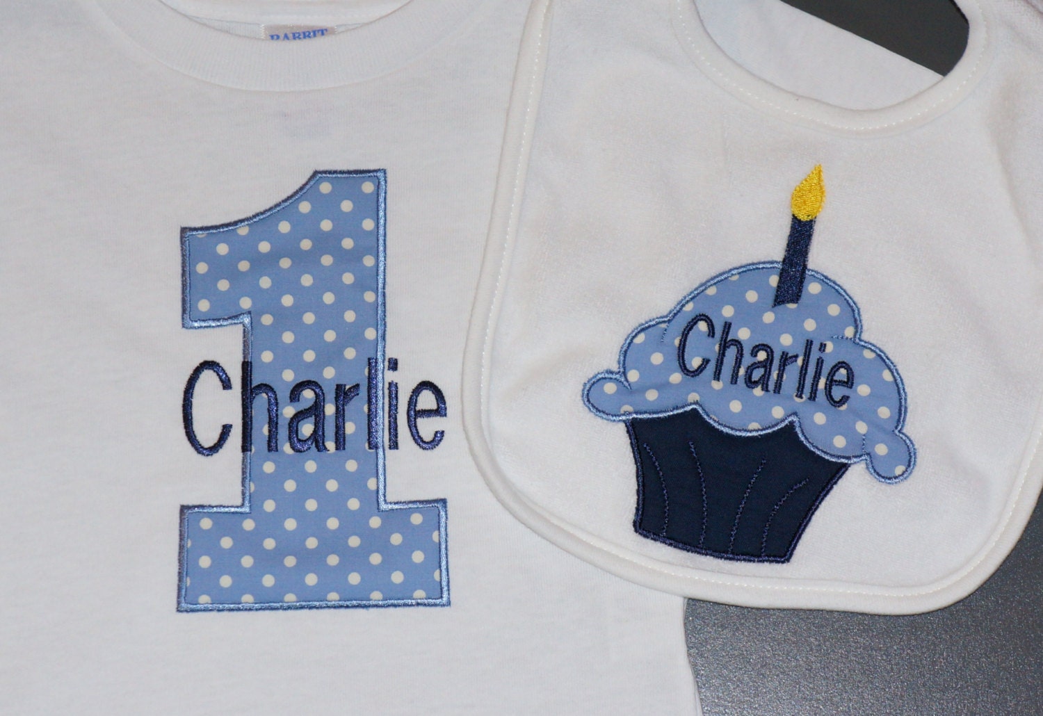 Personalized First Birthday Number One Shirt and Cupcake Bib SET