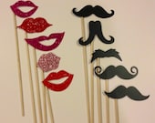 Set of 10 lips and mustaches on a stick photo booth props