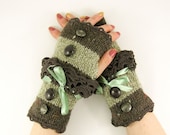 Knit fingerless gloves arm warmers fingerless mittens women grey sage brown tweed lace romantic victorian