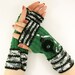 knit fingerless gloves arm warmers knit fingerless mittens green black grey with crochet applique and vintage buttons tagt team