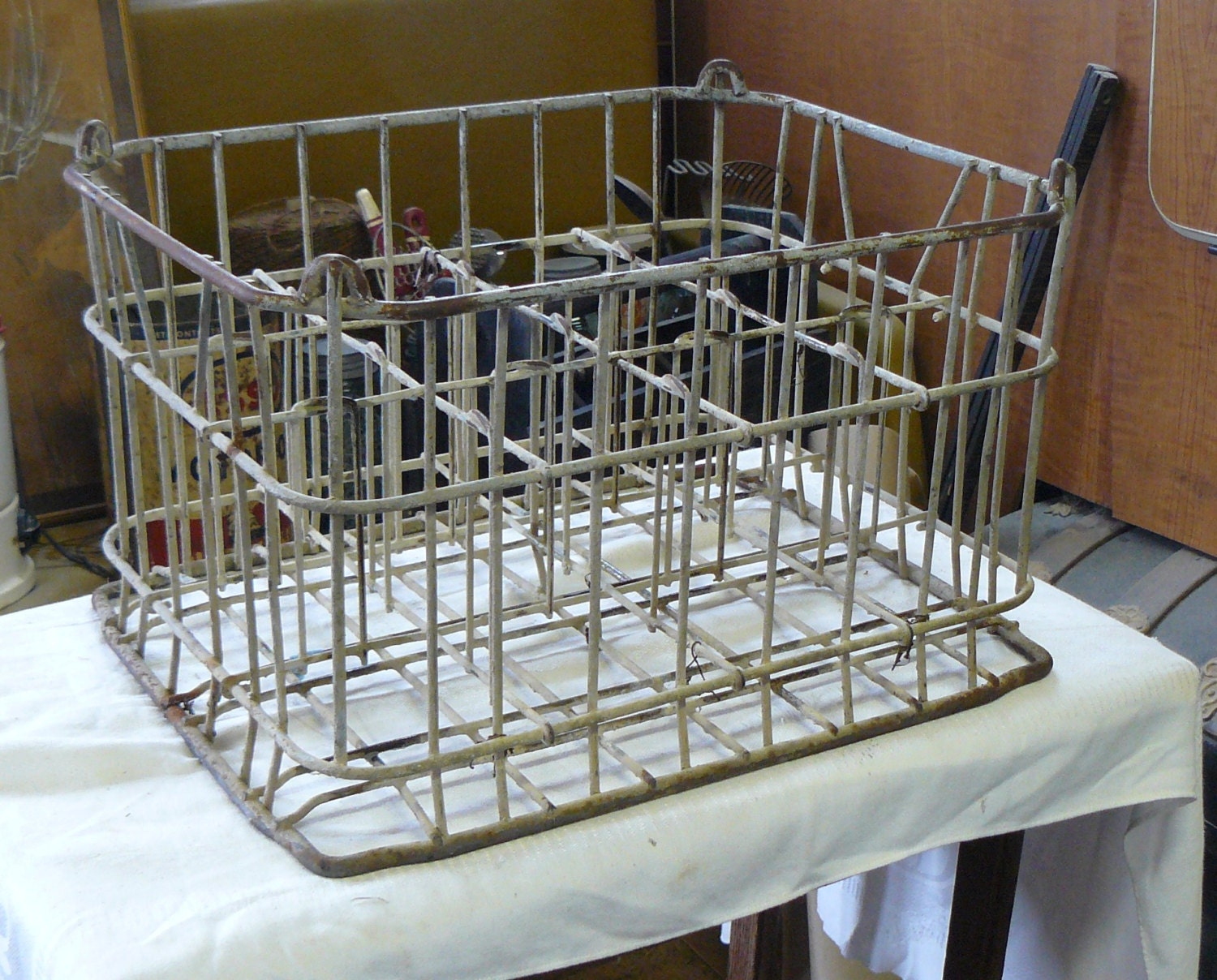 vintage metal milk crate with dividers