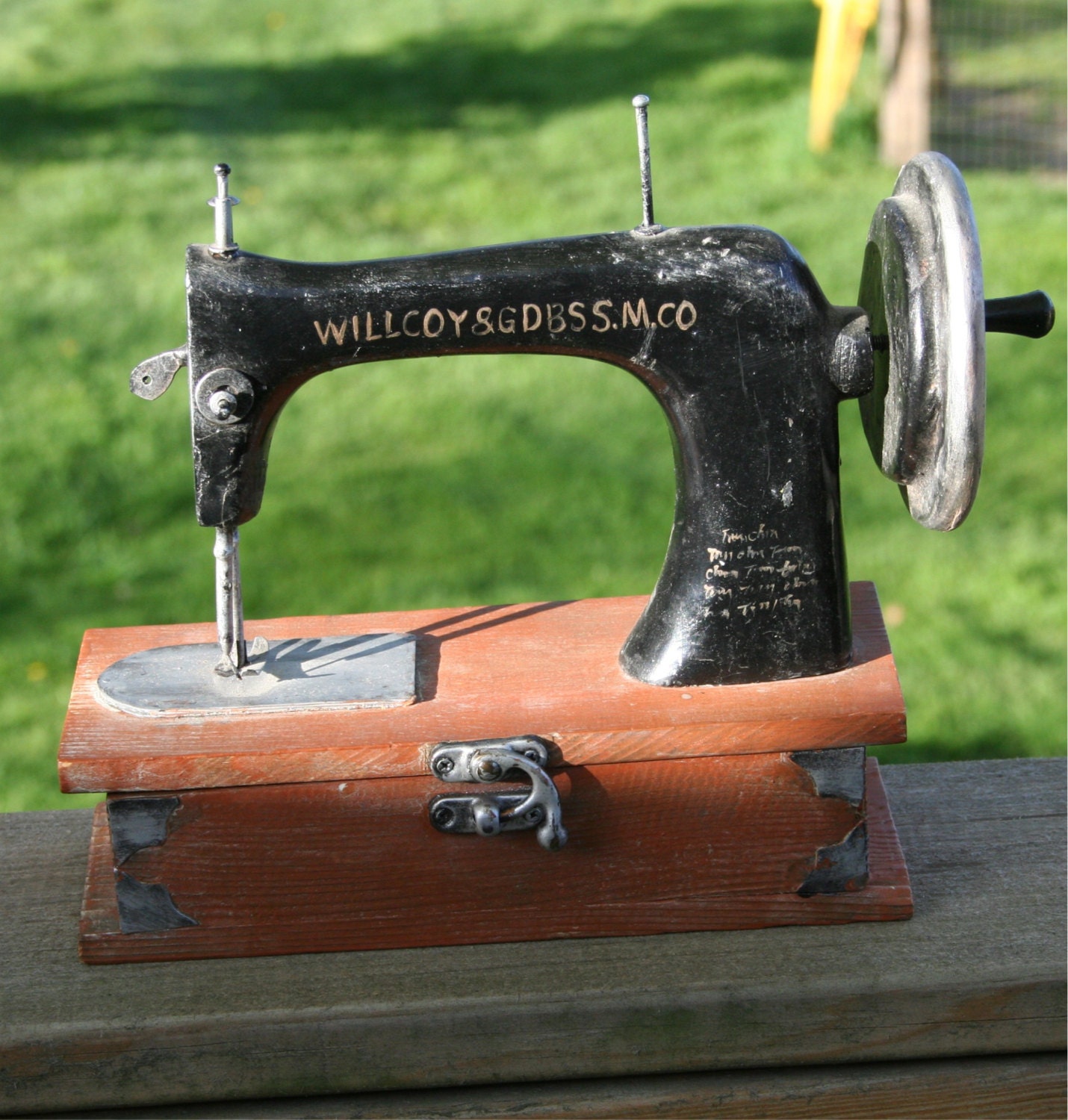 Vintage Salesman sample type Wooden Sewing Box shaped Sewing Machine Furniture Handpainted Advertisement