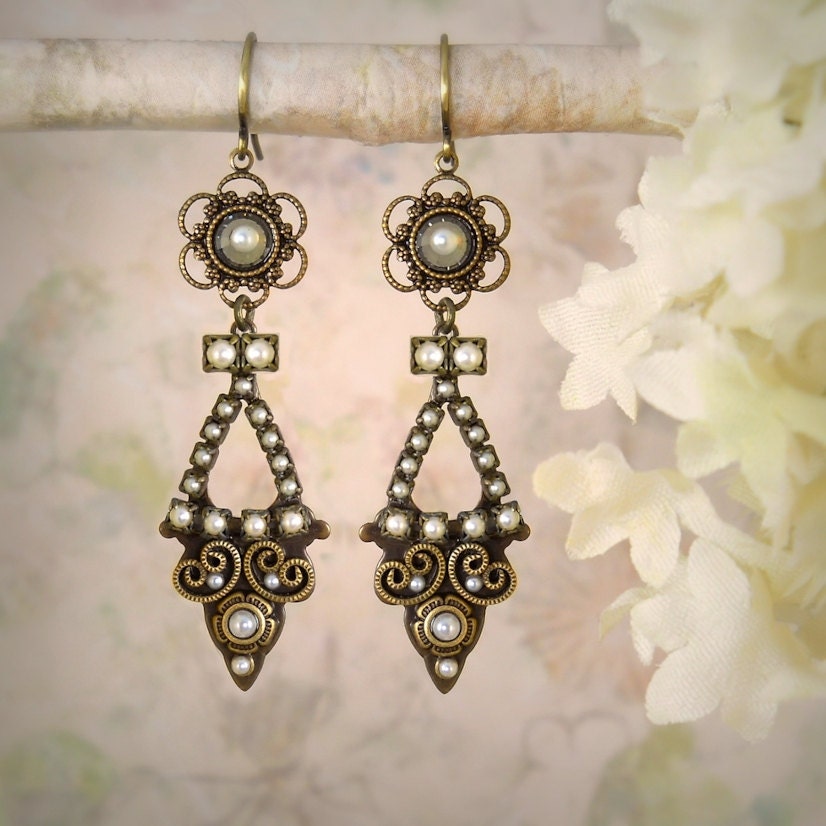 Aphrodite Micro Mosaic Pearl Chandelier Earrings - Vintage Style, Bridal Wedding, Bohemian Bride, Bridesmaid, Artisan Jewelry, Petite