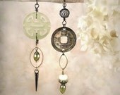 Jaded - Tribal Assemblage Earrings OOAK, Asymmetrical Mismatched, Carved Olive Green Jade, Cubic Zirconia, Patina Coin, Celery Green Gray