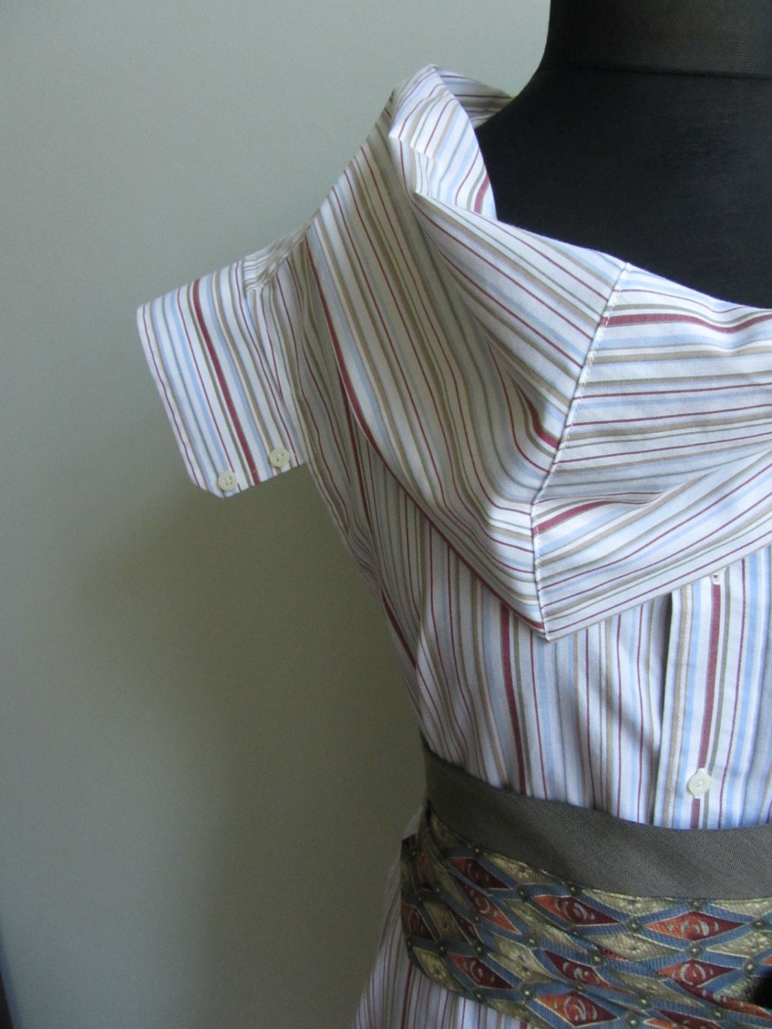 Upcycled Clothing / Brown and Blue Striped Cowl Neck Boyfriend Tunic with Neckties Belt / Women Tops Tunic / reconstructed mens shirt