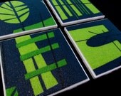 Retro Tiki Lounge Coasters -  Barkcloth & Ceramic Tile - Deep Teal, Lime Green - Set of 4 - approx 4" x 4"