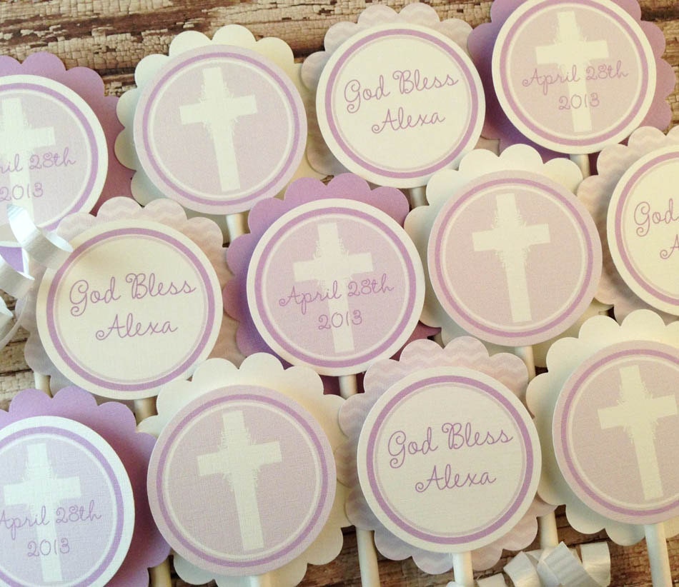 SET of 12 Religious CROSS Cupcake Toppers   :  Baptism,  Christening, Communion and More, Chevron, Lavender