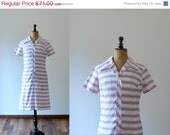 20% OFF SALE Vintage 1960s blue and pink striped nautical white dress