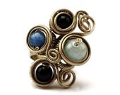 Wire Wrap Cocktail Ring with Kyanite, Black Onyx and Aquamarine