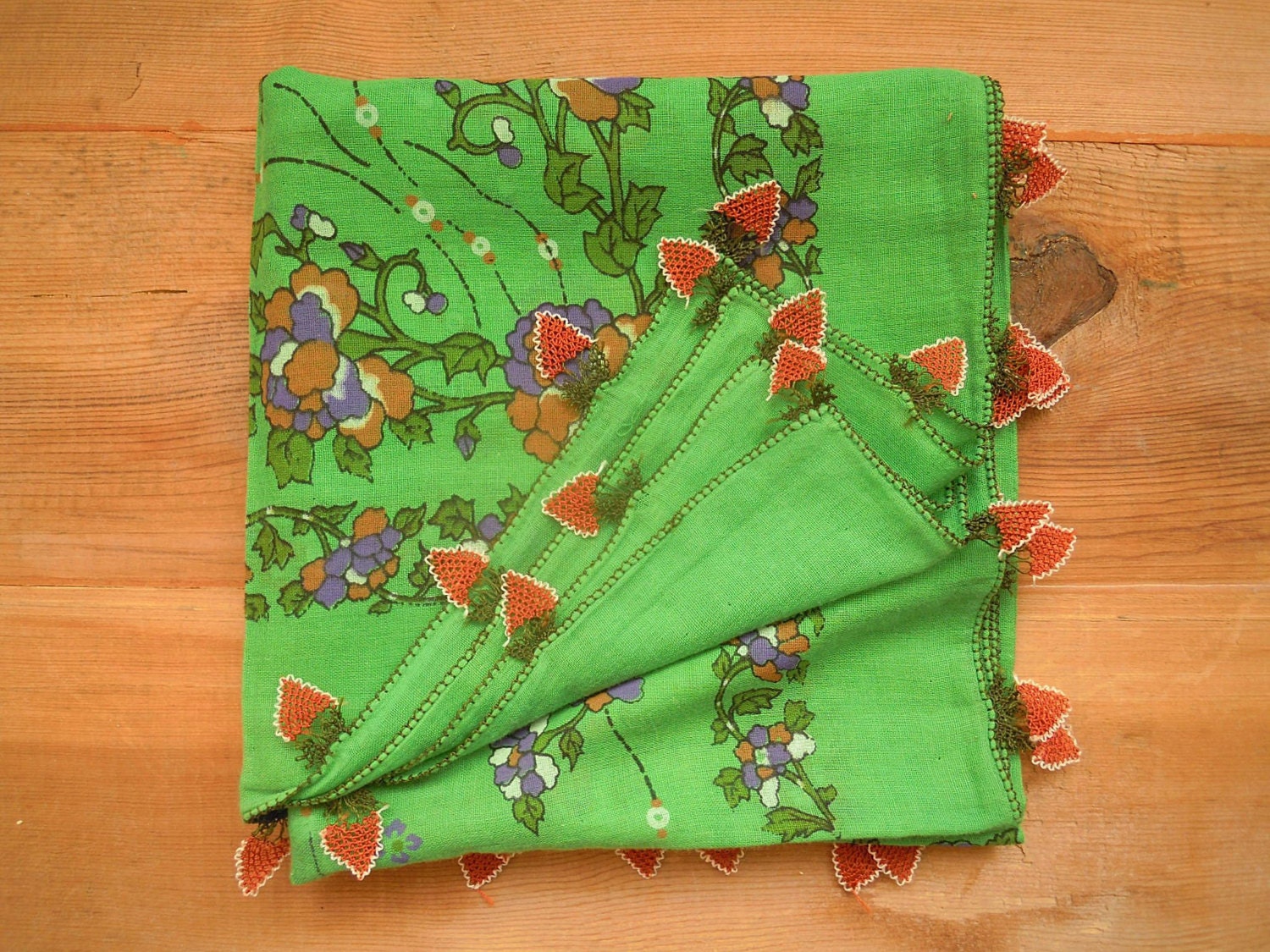 green turkish scarf with needle lace edging, vintage, square, cotton