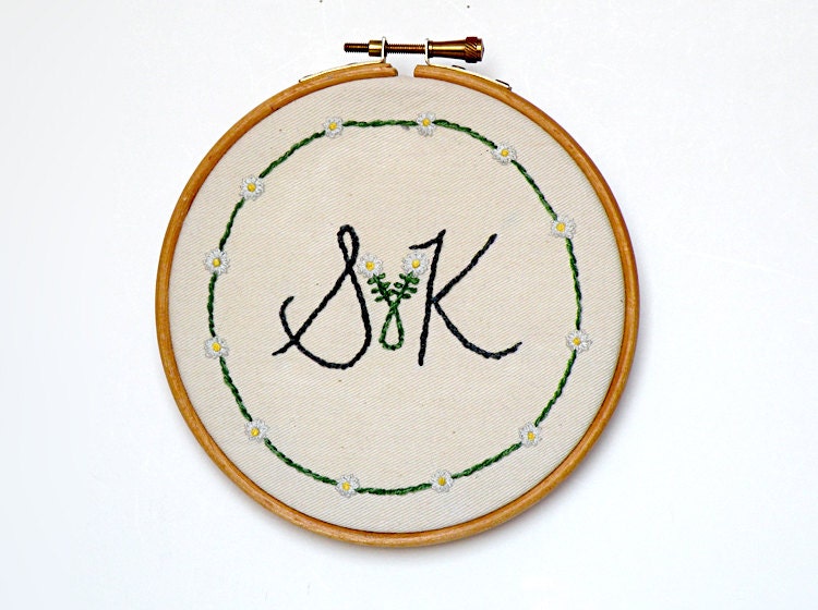Custom embroidered initials for wedding or anniversary - 5" wooden embroidery hoop