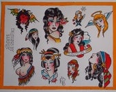 Traditional Hardy Girl Head Tattoo Flash Sheet - 11x14" - PRINT