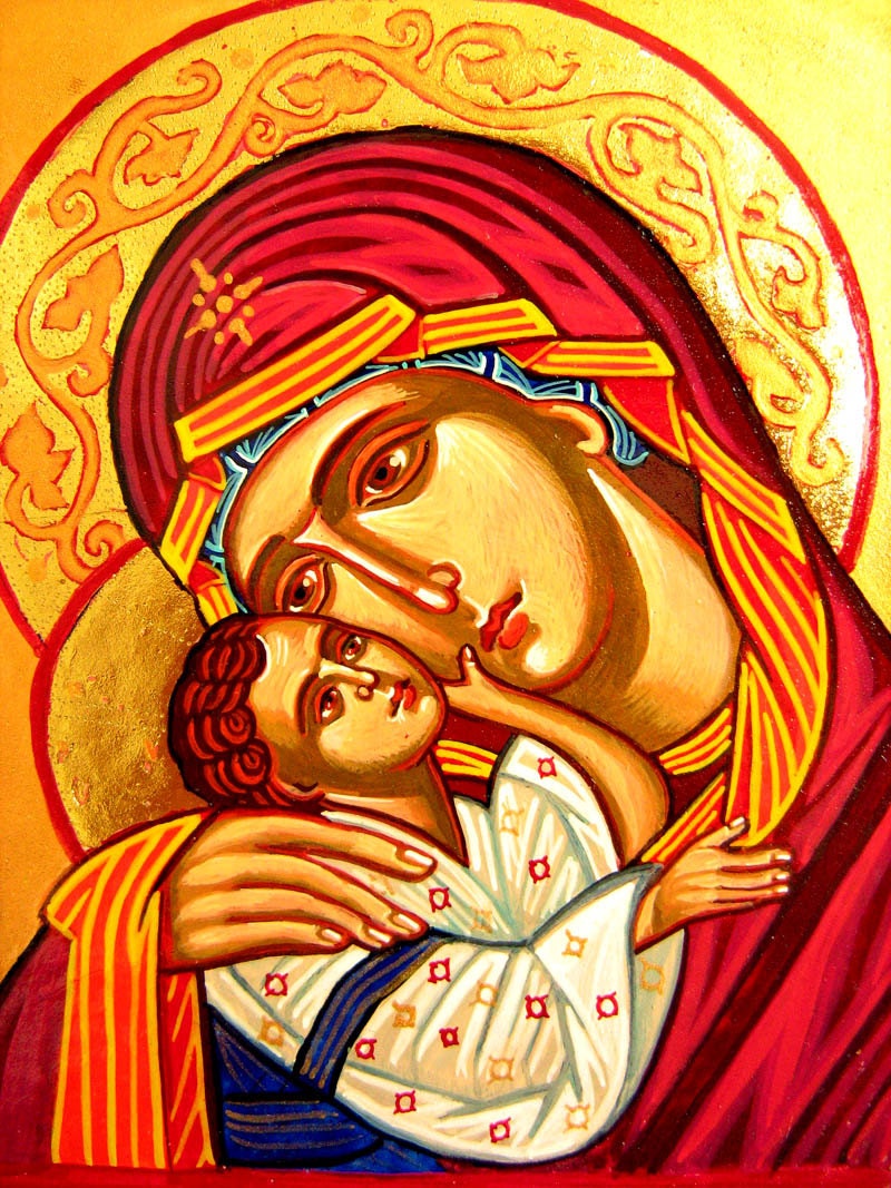 Madonna with Christ child - orthodox style handpainted icon of Virgin Mary and Baby Jesus - 6 by 5 inches