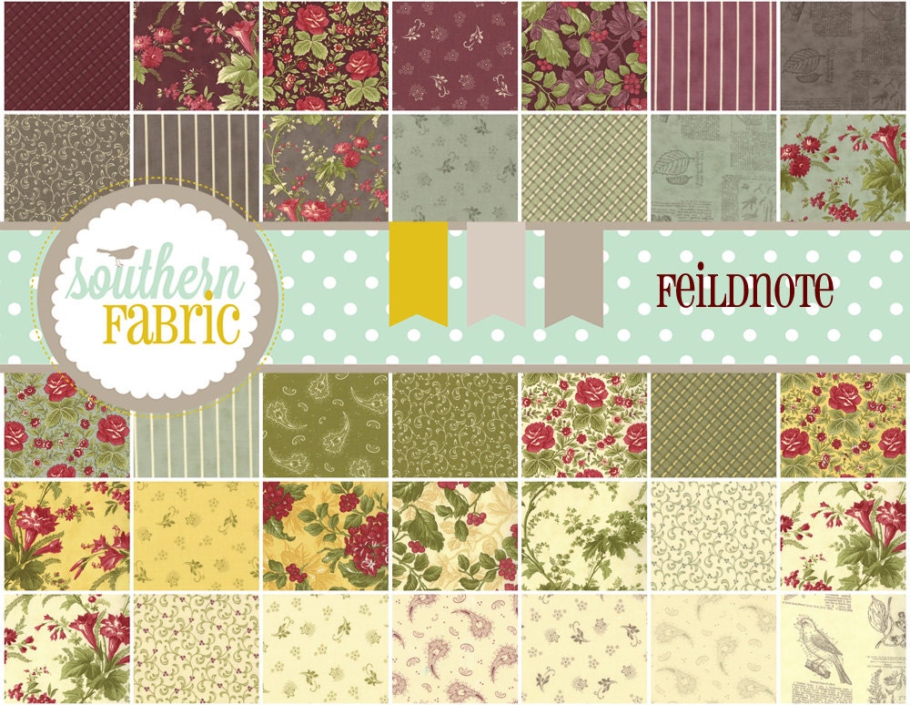 Field Notes 2710PP by Blackbird Designs for Moda - Charm Pack 5 inch 42 quilt fabric squares