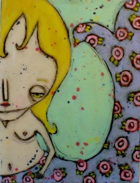 Creepy cute spring painting floral mixed media pink turquoise lime green nursery wall art original bees wax artwork
