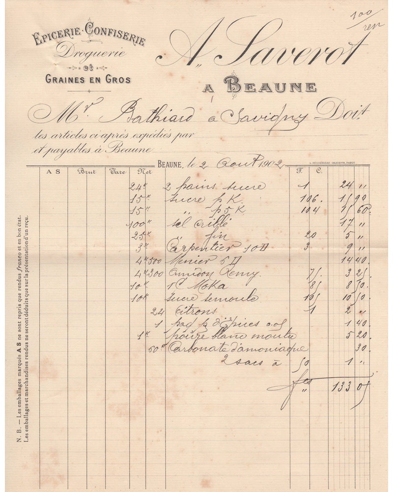 French EPHEMERA Vintage INVOICE FRENCH