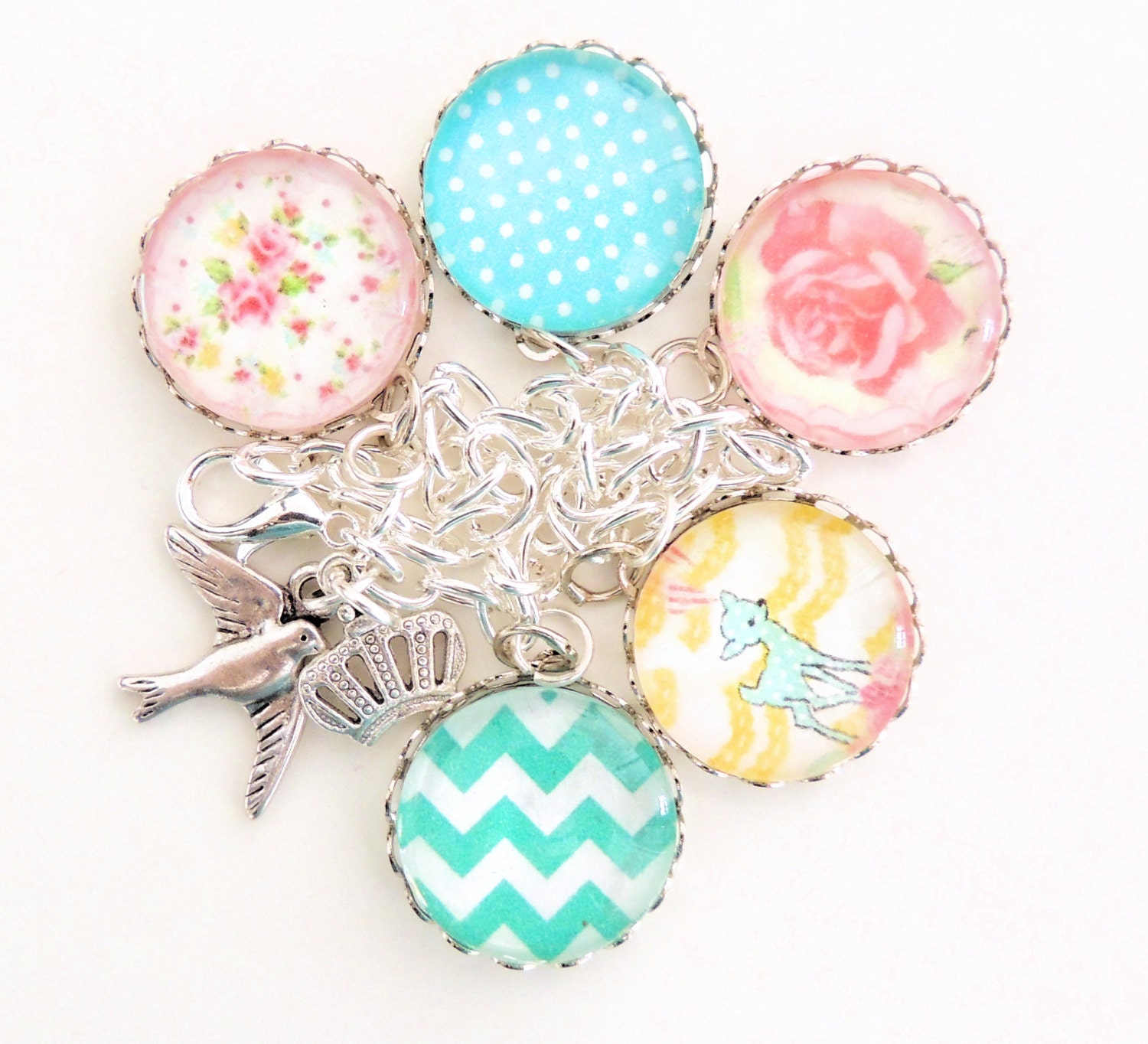Deer in Bunting, Flower, Chevron, Polka Dot Chunky Charm Bracelet, Glass Cabochons, Bird and Crown Charms