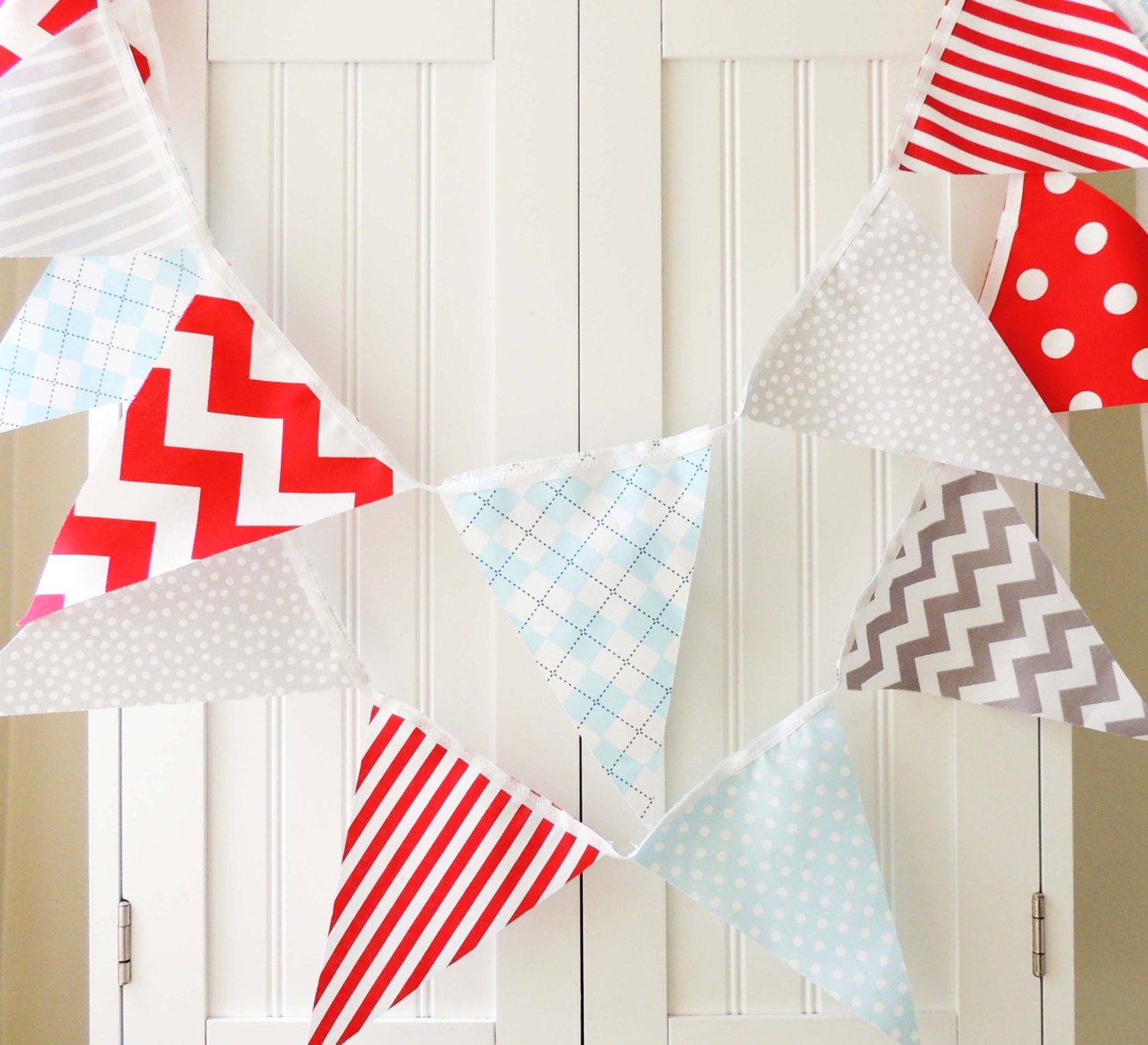 21 Fabric Flag Banner, Bunting, 9 Feet, Modern Red, Light Blue, Grey, Polka Dot, Chevron, Stripe, Argyle, Birthday Party, Boy Room Decor