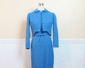 20% OFF SALE Vintage 1950's Bright Blue Wool Wiggle Dress Suit XS